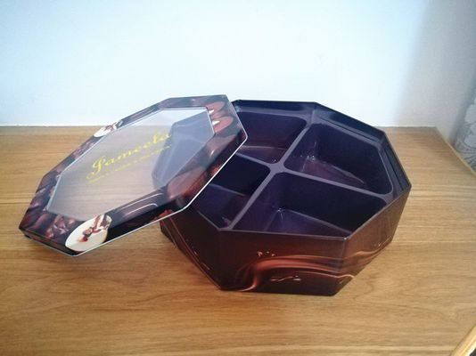Caja de estaño de galletas decorativa de forma hexagonal con ventana de PET impresa a medida