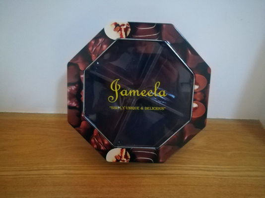 Caja de estaño de galletas decorativa de forma hexagonal con ventana de PET impresa a medida