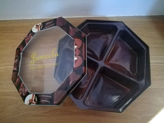 Caja de estaño de galletas decorativa de forma hexagonal con ventana de PET impresa a medida