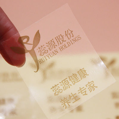 Etiquetas de etiqueta de logotipo transparente de PVC en forma de rectángulo con estampado de papel de oro
