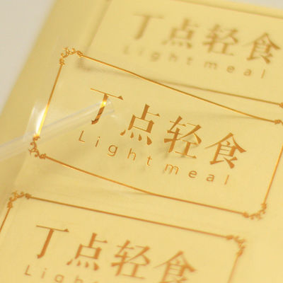 Etiquetas de etiqueta de logotipo transparente de PVC en forma de rectángulo con estampado de papel de oro